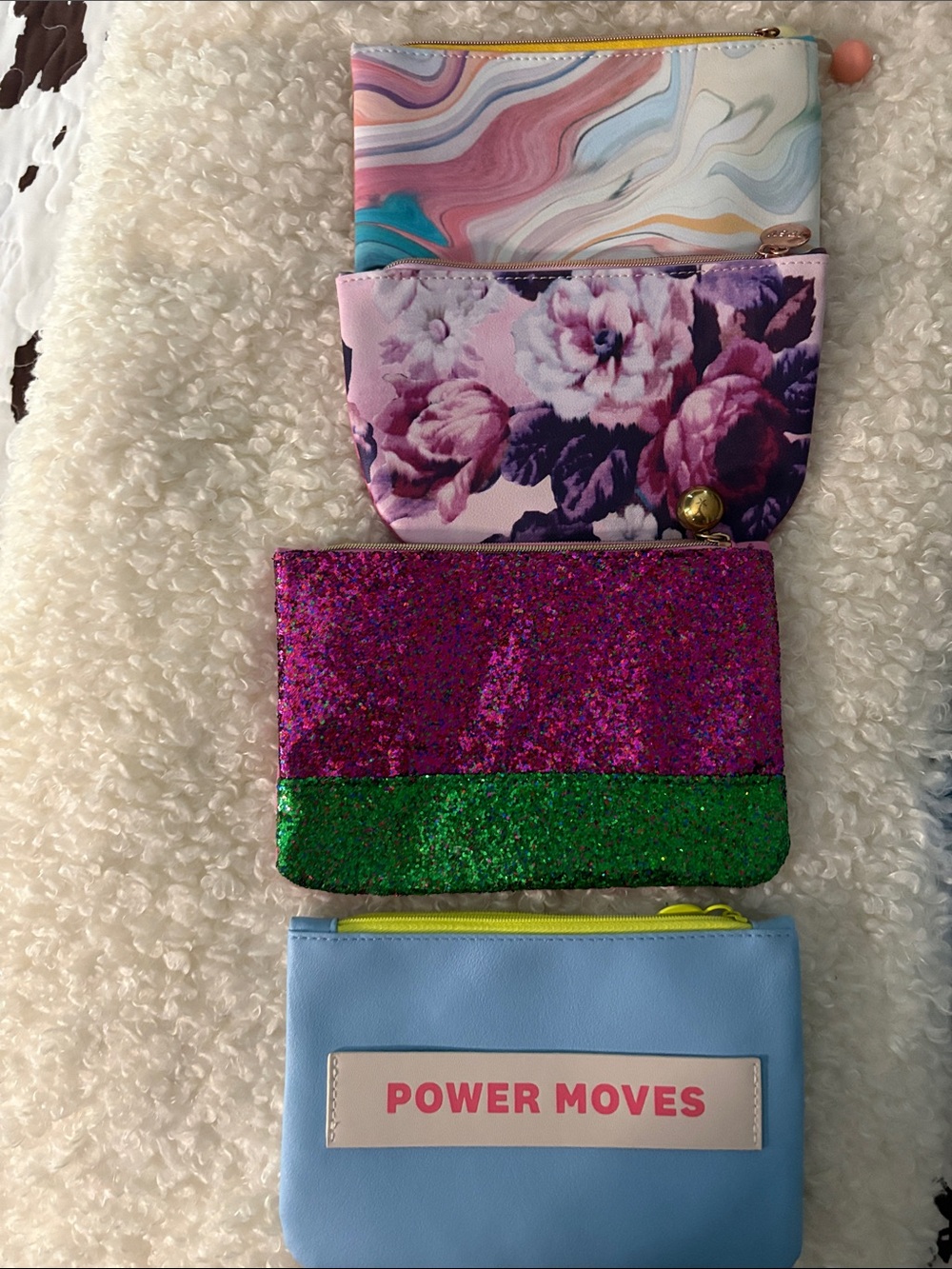ipsy Multicolor Cosmetic Pouch Set - Pink Floral, Blue, Glitter & Marble
